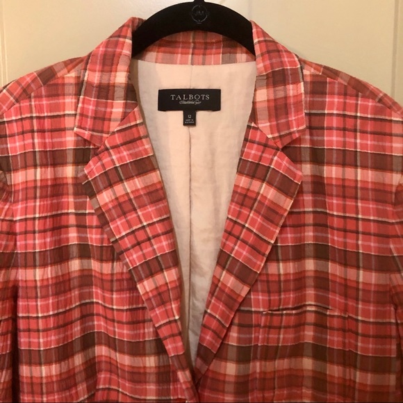 Talbots Coral Plaid Blazer with 3/4 Sleeves - Picture 3 of 7